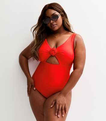 Curves Red Floral Applique Cut Out Swimsuit