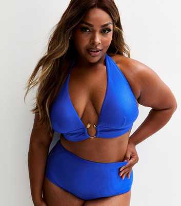 Curves Bright Blue Ring Detail Halterneck Bikini Top