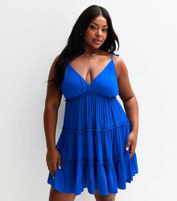 Curves Blue Lace Insert Strappy Beach Mini Dress