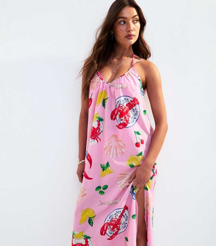 Pink Lobster Print Maxi Beach Dress