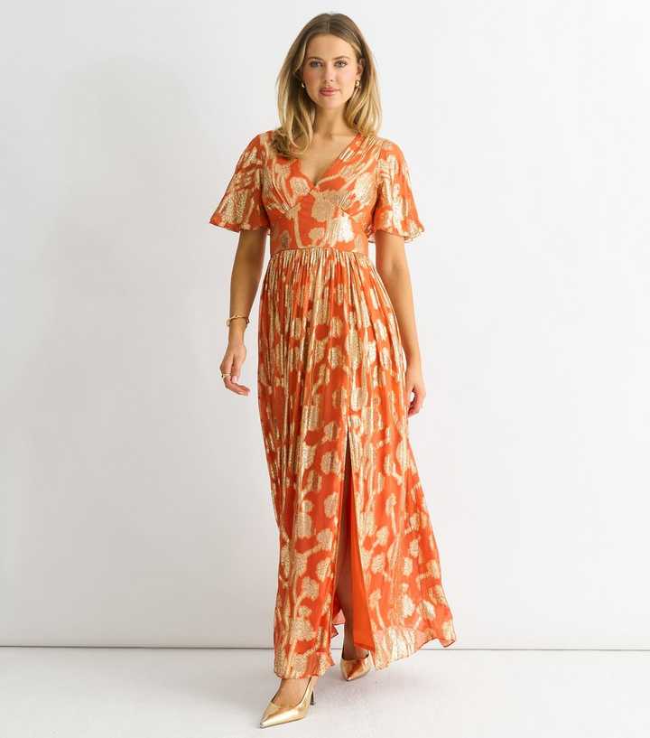 strapless open back dress Paisley Orange Maxi Dress