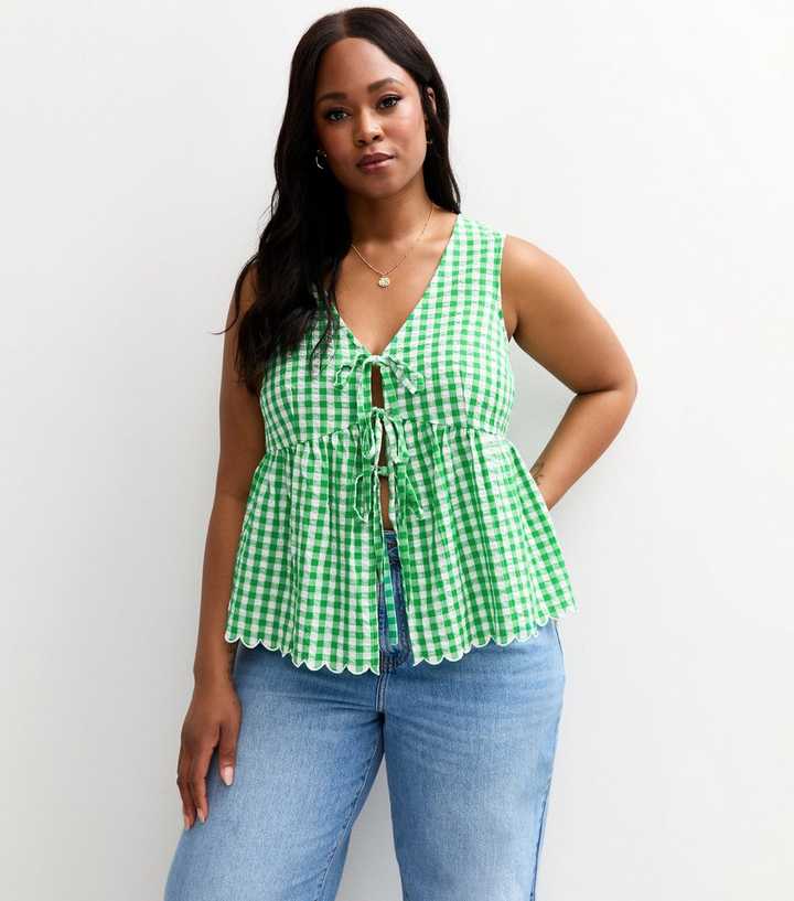 Curves Green Gingham Tie Front Textured Top
