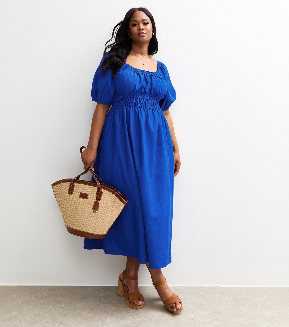 Women's Plus Size Bright Blue Milkmaid Puff Sleeve Midi Dress Curves New Look