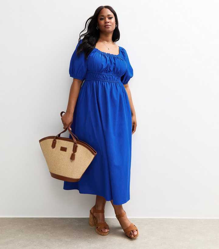Curves Bright Blue Milkmaid Puff Sleeve Midi Dress Curves Bright Blue Milkmaid Puff Sleeve Midi Dress