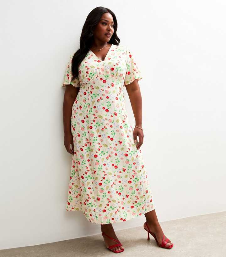 Curves Cream Fruit Print Short Sleeve Midi Tea Dress