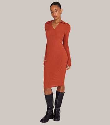 WKNDGIRL Orange V-Neck Ribbed Midi Dress