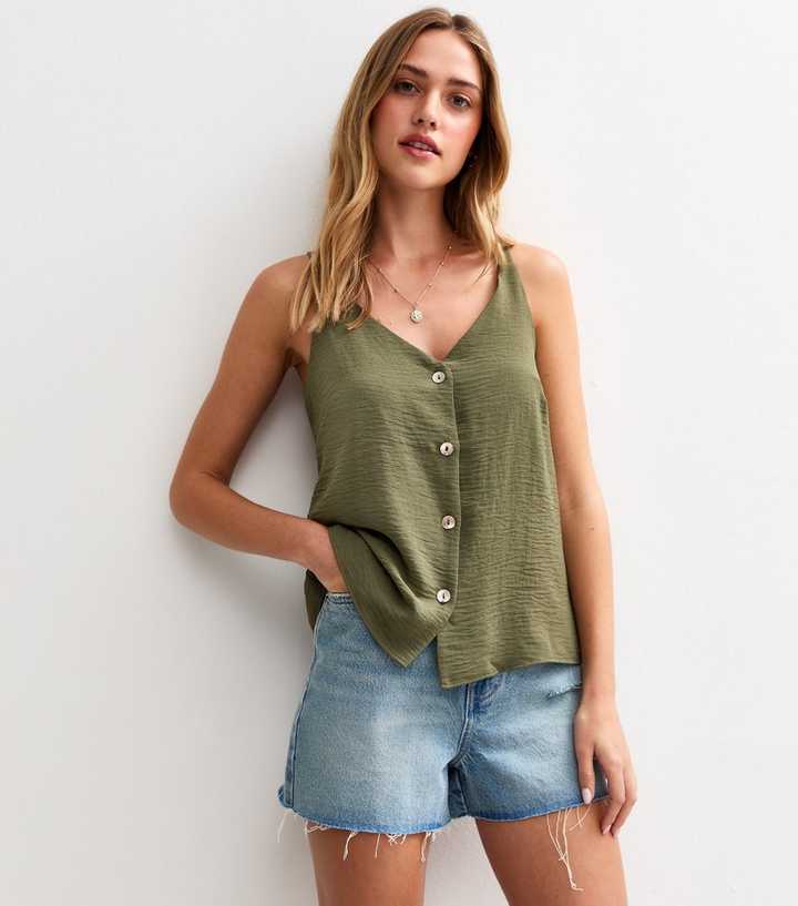 Dark Khaki Button Through Cami Top