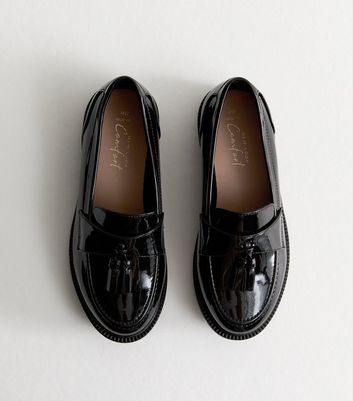 Wide Fit Black Patent Chunky Tassel Loafers New Look