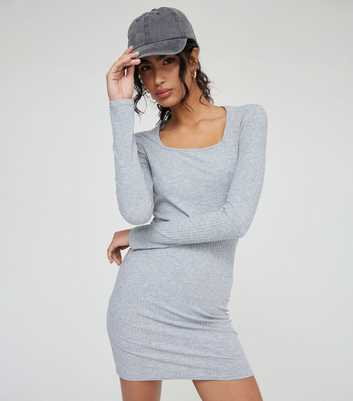 WKNDGIRL Grey Ribbed Square Neck Mini Dress