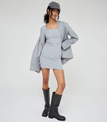 WKNDGIRL Grey Ribbed Square Neck Mini Dress | New Look