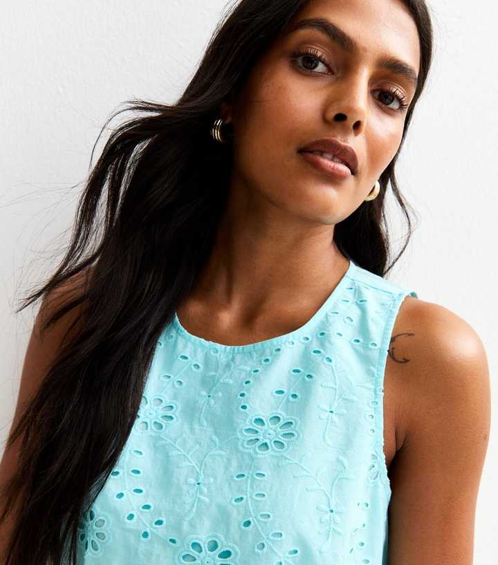 Turquoise Cutwork Sleeveless Top