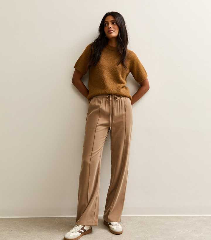 Tan Wide Leg Drawstring Waist Joggers