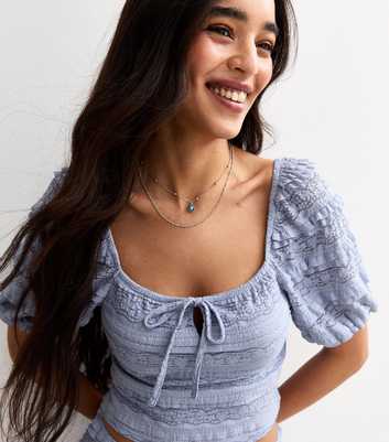 Blue Smocked Puff Sleeve Top