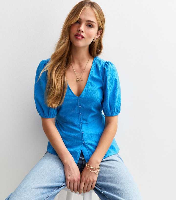 Bright Blue Textured Puff Sleeve Top