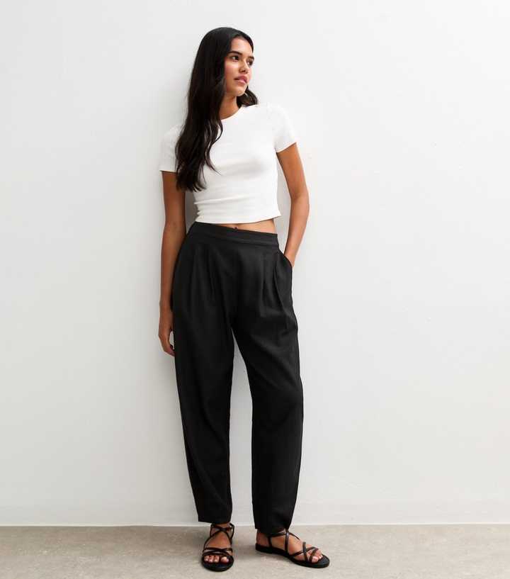Black Barrel Leg Linen Blend Trousers