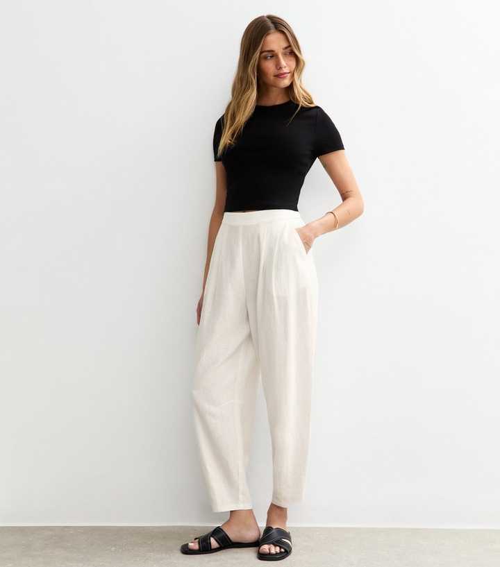 White Barrel Leg Linen Trousers