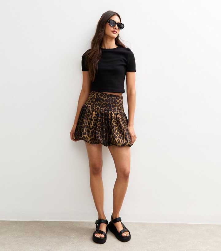 Brown Leopard Print Puffball Mini Skirt