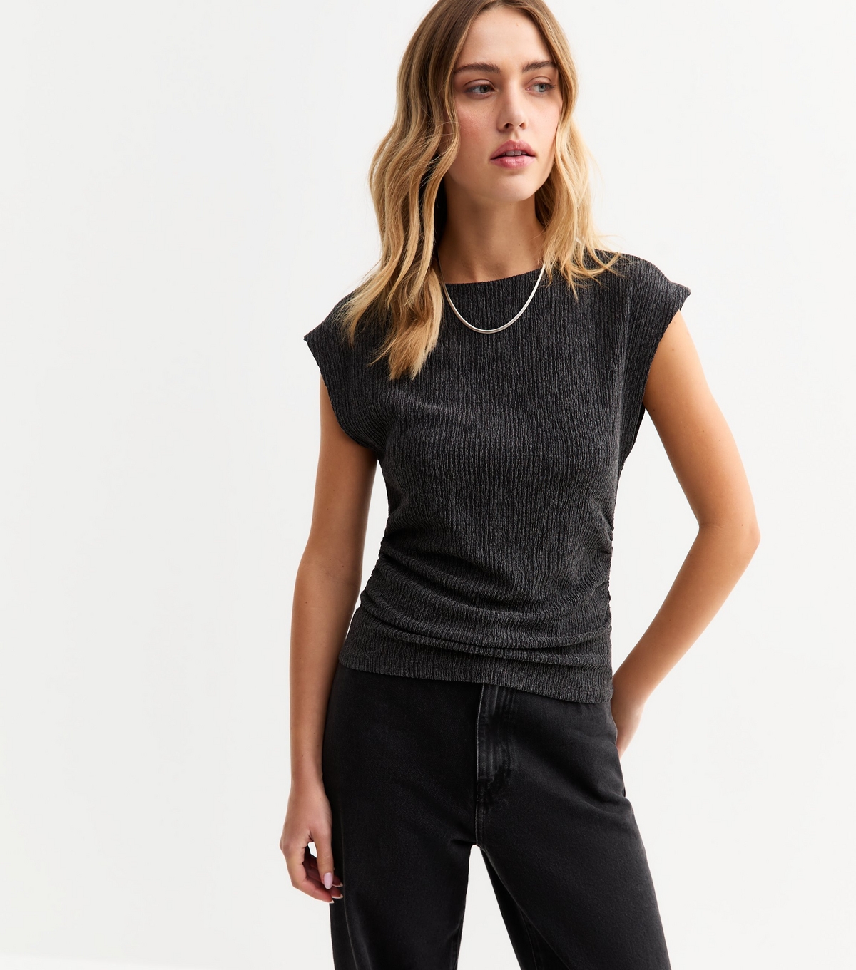 Women's Black Textured Ruched Side Top New Look