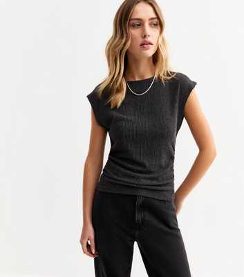 Black Textured Ruched Side Top