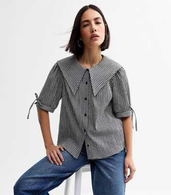 Black Gingham Oversized Collar Short Sleeve Top 