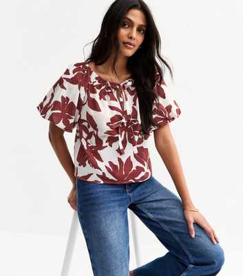 White Printed Tie Front Puff Sleeve Top