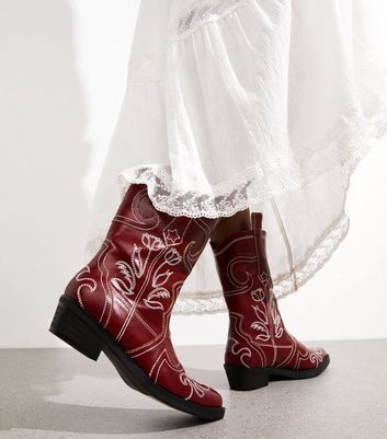 Public Desire Burgundy Faux Leather Rose Embroidered Boots | New Look