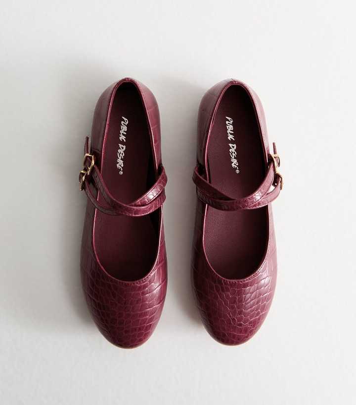 Public Desire Dark Burgundy Roma Faux Leather Crocodile Embossed Flats