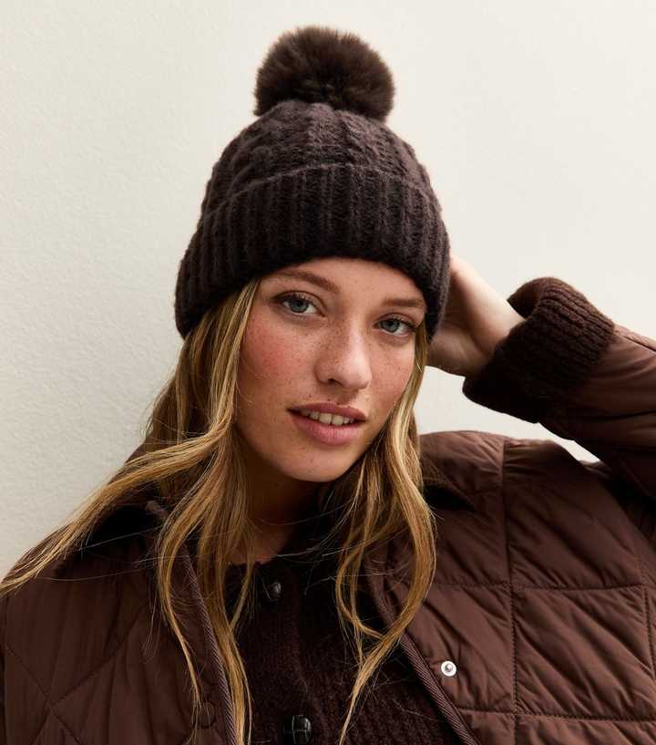Dark Brown Cable Knit Faux Fur Pom Pom Bobble Hat New Look