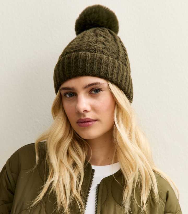 Khaki Cable Knit Faux Fur Pom Bobble Beanie