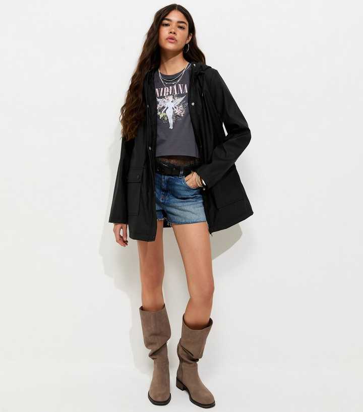Black Water Resistant Drawstring Hood Rain Anorak