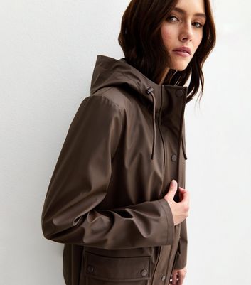 Dark Brown Water Resistant Drawstring Hood Rain Anorak New Look