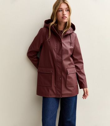 Burgundy Water Resistant Drawstring Hood Rain Anorak New Look