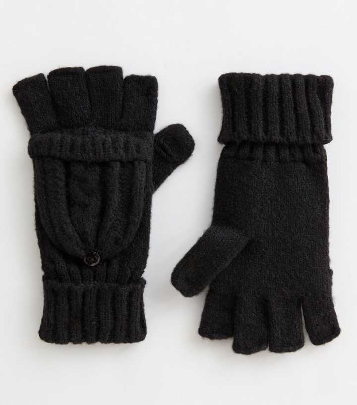 Black Cable Knit Flip Top Gloves