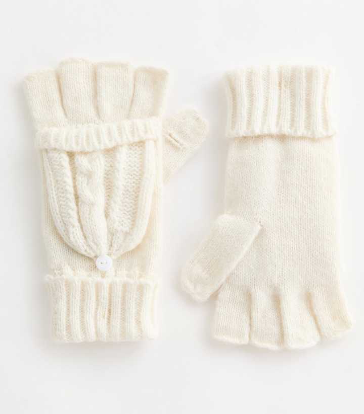 Cream Cable Knit Flip Top Gloves