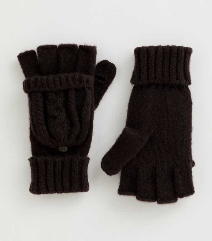 Dark Brown Cable Knit Flip Top Gloves