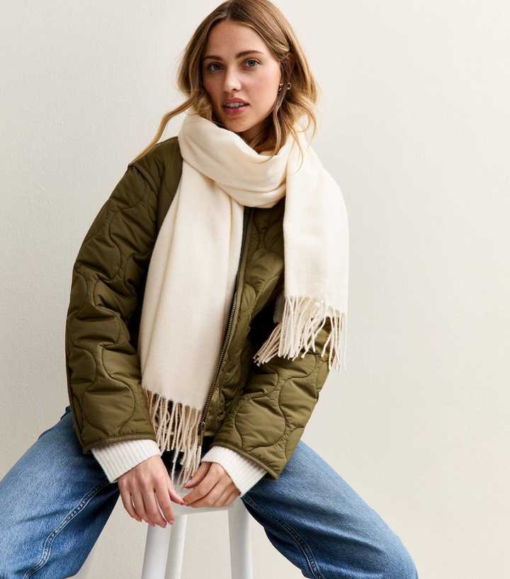 Cream Long Fringed Midweight Knit Scarf
