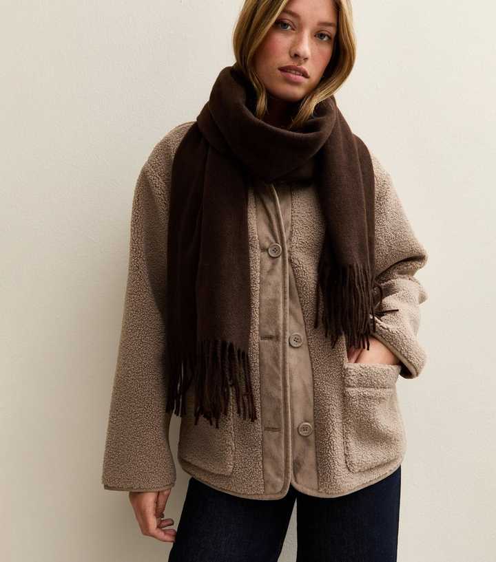 Dark Brown Long Fringed Midweight Knit Scarf New Look