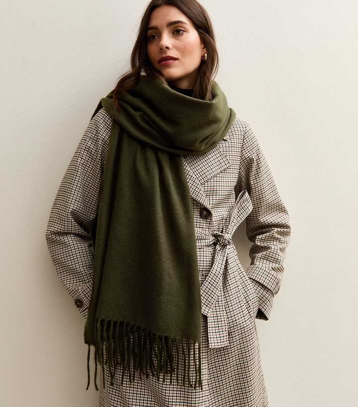 Khaki Long Fringed Midweight Knit Scarf
