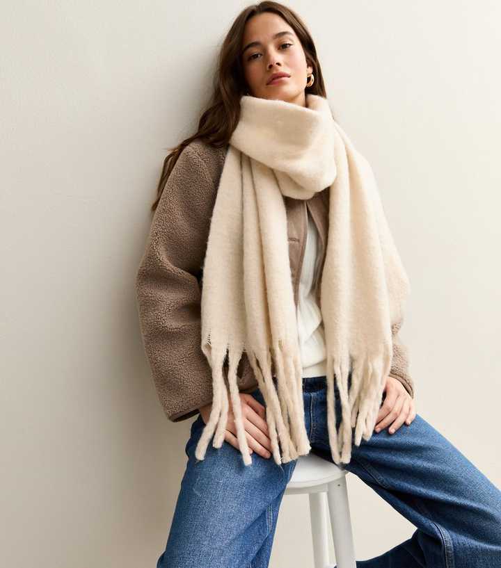 Cream Brushed Fringed Edge Heavyweight Scarf