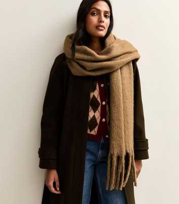 Camel Brushed Fringed Edge Heavyweight Scarf