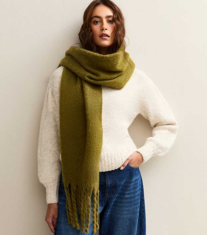 Khaki Brushed Fringed Edge Heavyweight Scarf