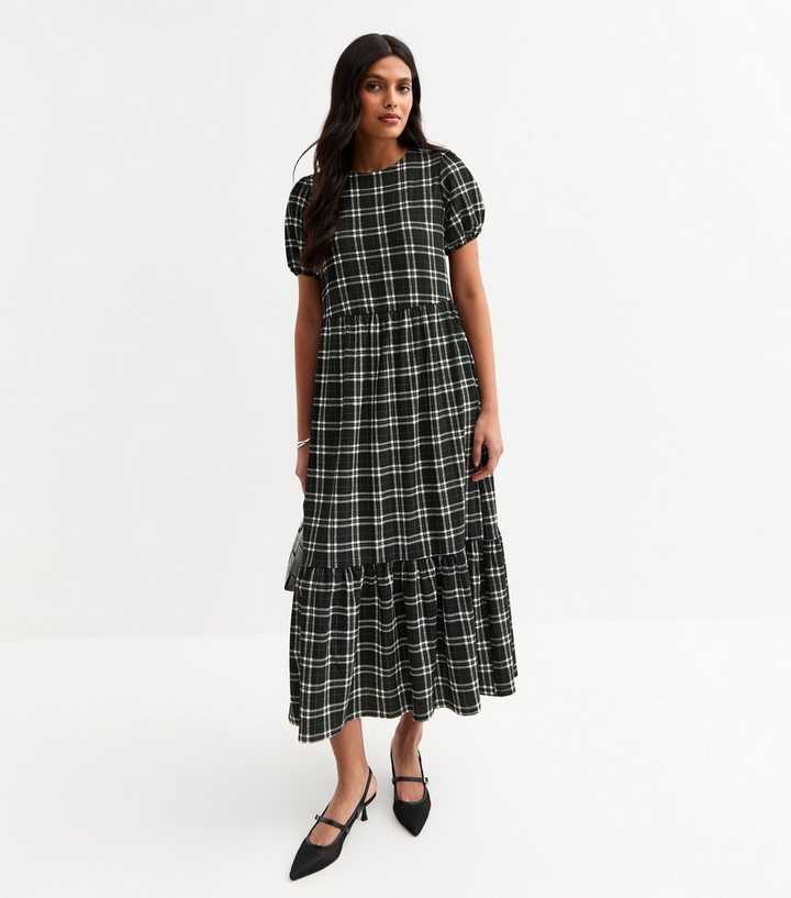 Black Crinkled Checked Bow Back Midi Dress