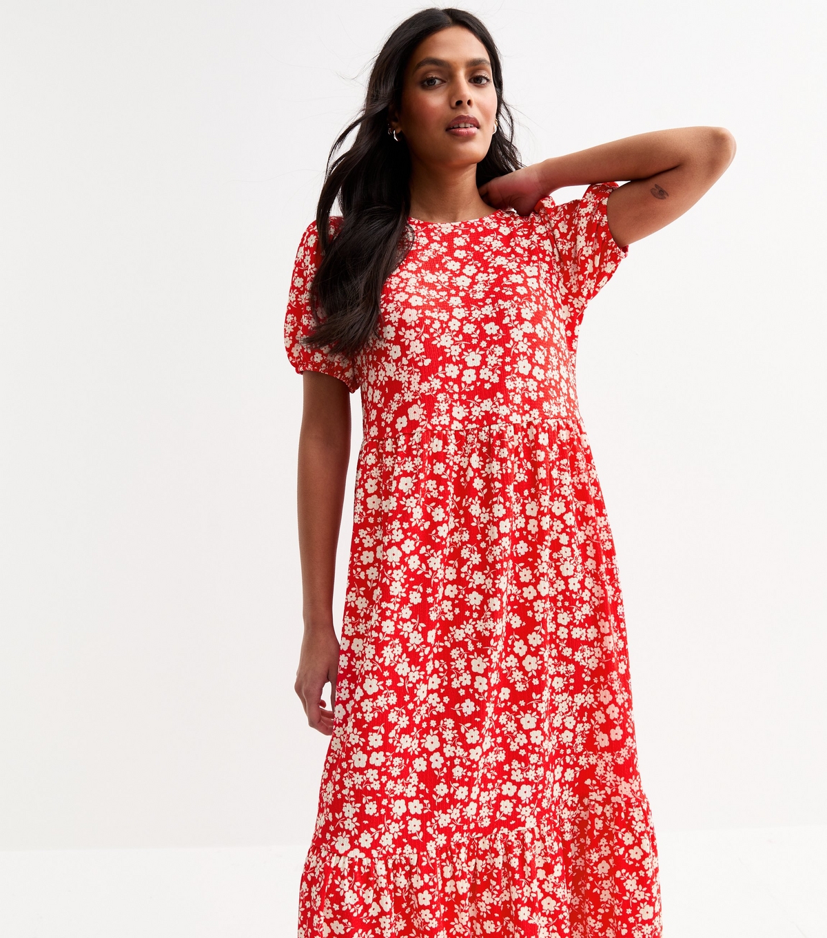Women's Red Crinkled Floral Print Bow Back Midi Dress New Look