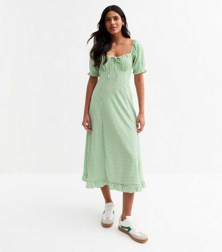 Green Crinkled Gingham Check Midi Dress | New Look