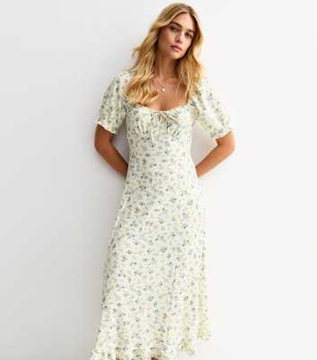 Cream Floral Crinkle Texture Milkmaid Midi Dress