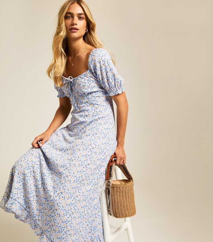 Blue Floral Print Midi Dress