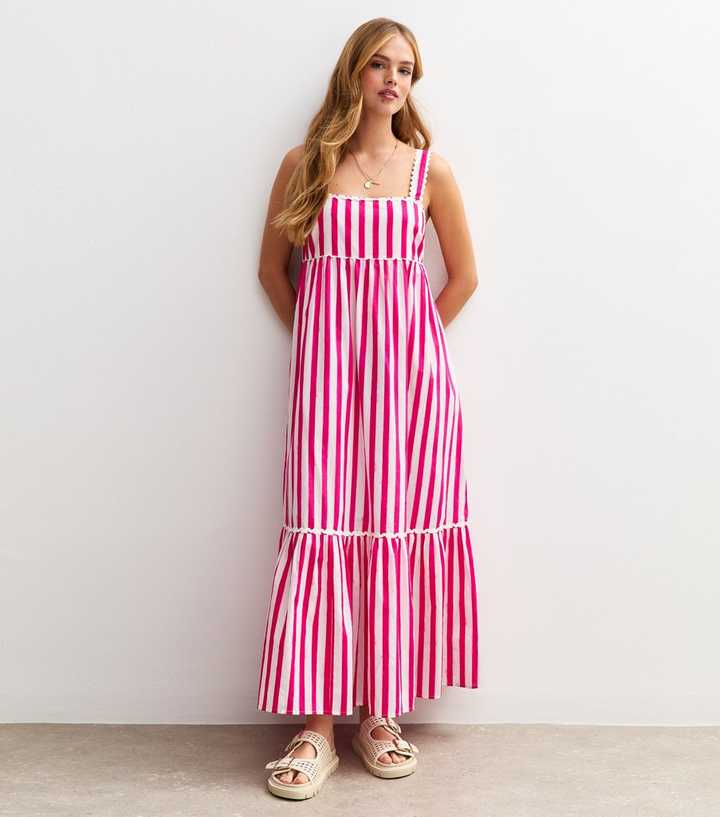 Pink Striped Scalloped Edge Midi Dress