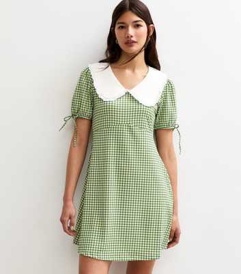 Green Gingham Check Contrast Collar Tie Sleeve Mini Dress