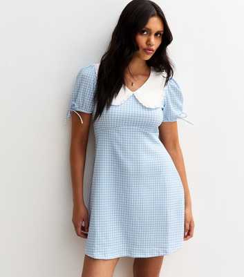 Blue Gingham Check Contrast Collar Tie Sleeve Mini Dress