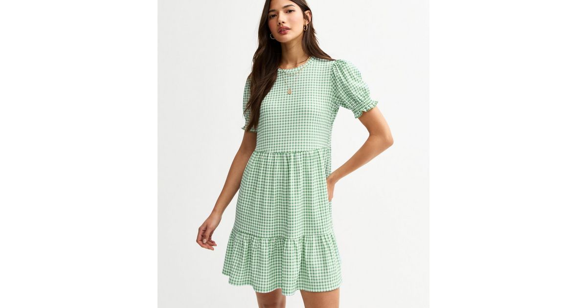 Green Gingham Smock Tiered Mini Dress | New Look
